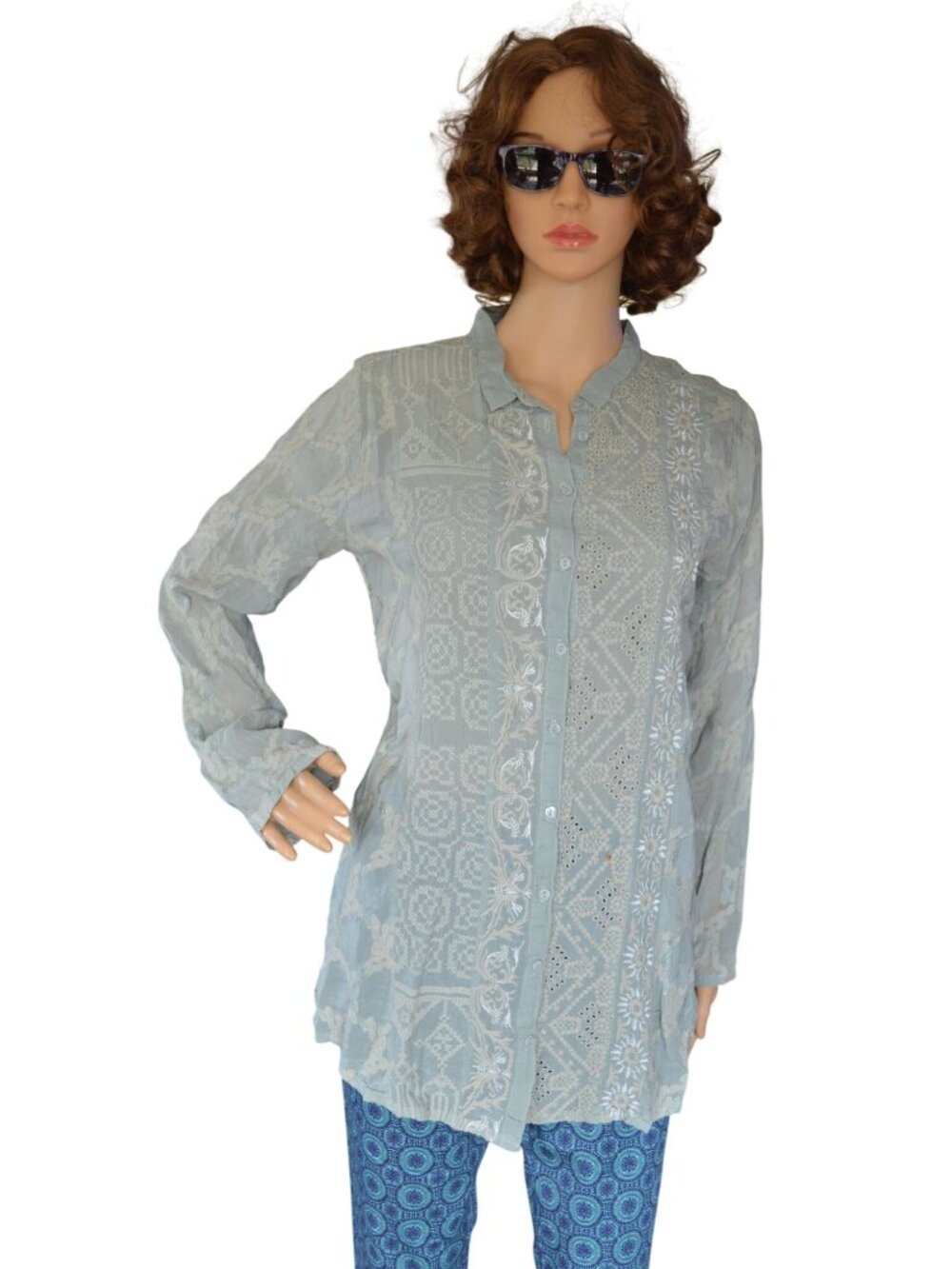 Johnny Was Embroidered Button Down Tunic Womens Size S Boho Pastel Spring Casual